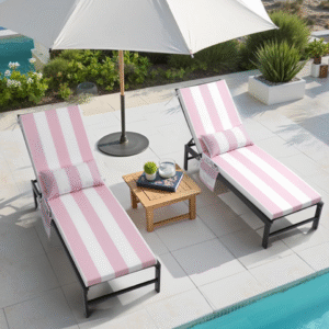 Outdoor Chaise Lounge Cushion Set of 2 with Head Pillow and Side Pockets